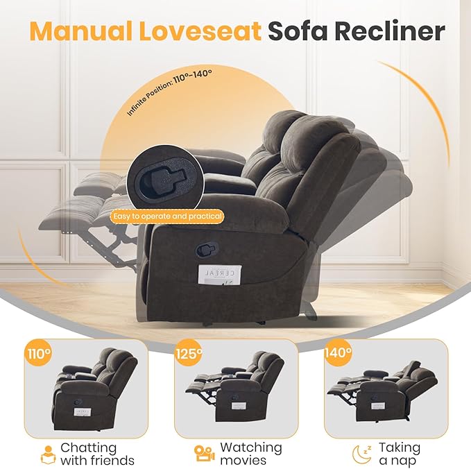 Reclining Loveseat with Console Loveseat Recliner Sofa with Massage &amp Heating RV Wall Hugger Double Loveseat Recliner Couch for Living Room &amp Home Theater (Chenille-Brown-2)