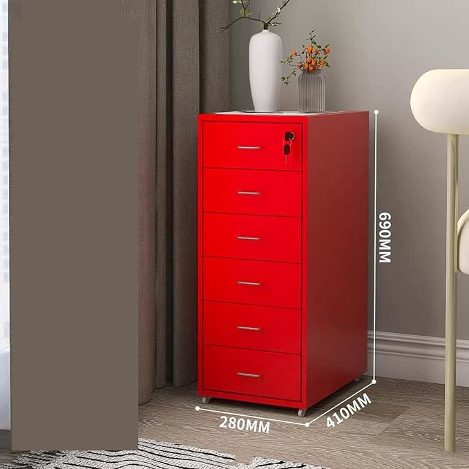 File Cabinet Six Drawer Cabinet Office with Lock Storage Cabinet Iron Data File Storage Cabinet (Color : Red)