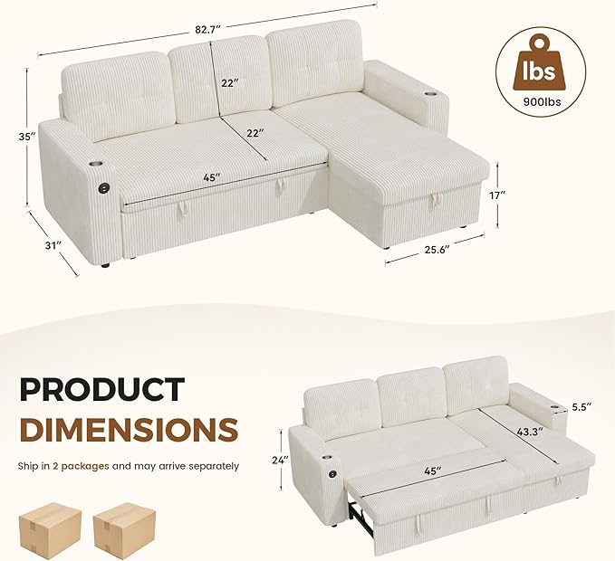 83'' Pull Out Sofa Bed 2 in 1 Convertible Sleeper Sofa Couch with Storage Chaise &amp USB Charging Comfy Corduroy Modular Couches for Living Room ApartmentBeige 1 PCS