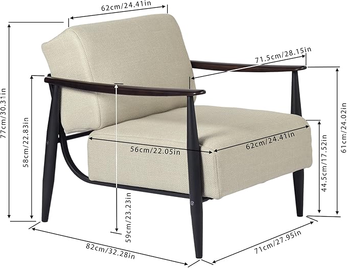 Homy Casa Mid-Century Modern Accent Chair with Fabric Upholstery Solid Wood Armrests and Sturdy Metal Frame Comfy Lounge Chair for Living Room Bedroom Reading Corner or Office – Beige/Walnut