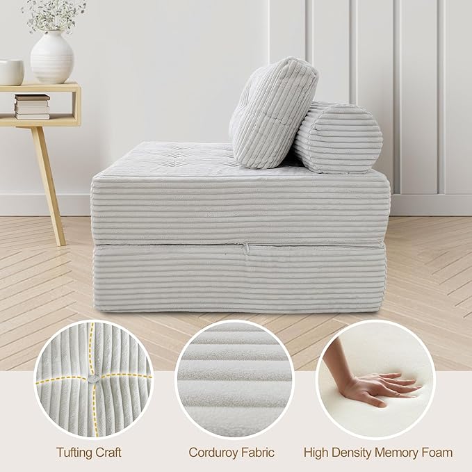 ANONER Memory Foam Folding Sofa Bed Sectional Couches with Deep Seat and Pillow Futon Floor Couch Versatile Convertible Sleeper Chair Boneless Chaise Lounge Fold Out Chair Bed Beige