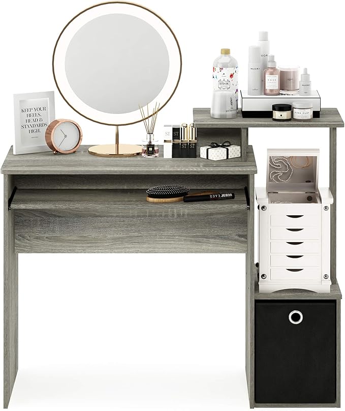 Furinno ECON Desk 40 Wide Gaming Desk with Keyboard Tray Computer Desk Office Desk with Side Shelves and Storage Bin for Home Office Grey Oak