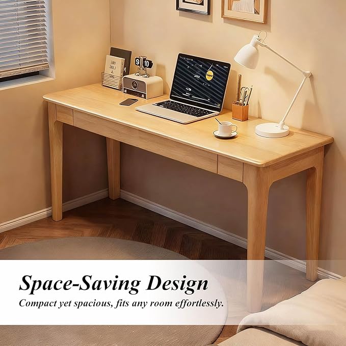 Solid Wood Desk40 Oak Wooden Desk with DrawersMid Century Modern Small Computer Desk with Drawers for Small Spaces Home Office Solid Wood Writing Desk (Wood Color-1 Drawers)