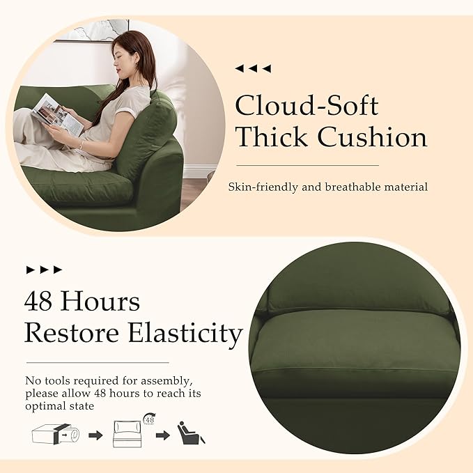 112 Cloud Sectional Couches for Living Room Modern Modular Sectional Sofa with Ottoman Boneless Cloud Couch with Comfy Deep Seats Fluffy Chenille L-Shape Sofa Couch for Living Room Green