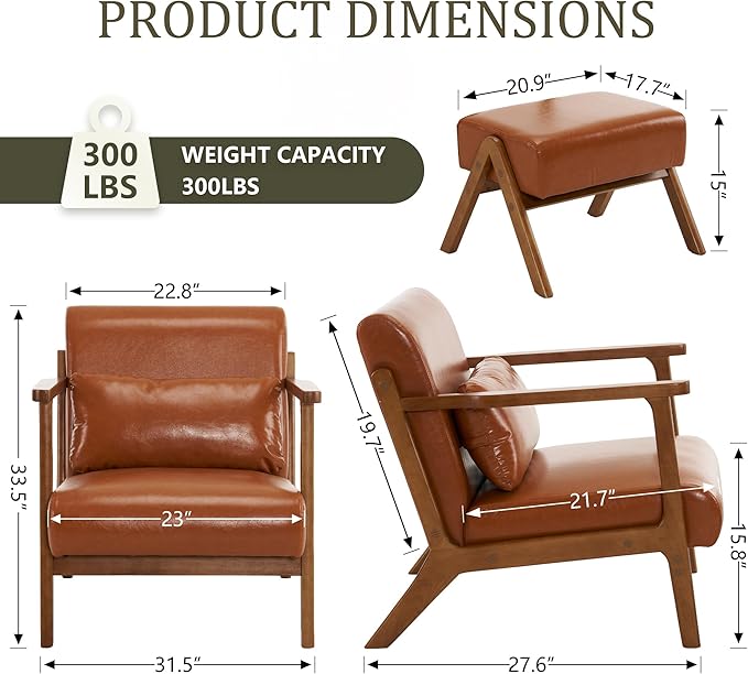 Accent Chair and Ottoman Set Mid-Century Modern Faux Leather Armchair with Solid Wood Frame for Living Room Bedroom Balcony Brown