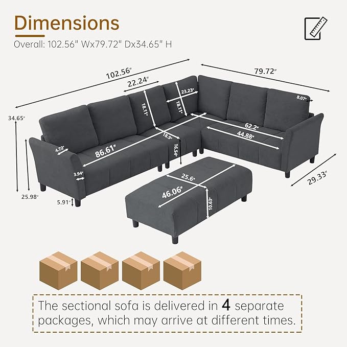 103 Convertible Sectional Sofa with Long Ottoman Modern Upholstered Fabric L-Shaped Couch with Back Cushions 6 Seat Sofa Couches for Living Room Apartment Office Dark Grey