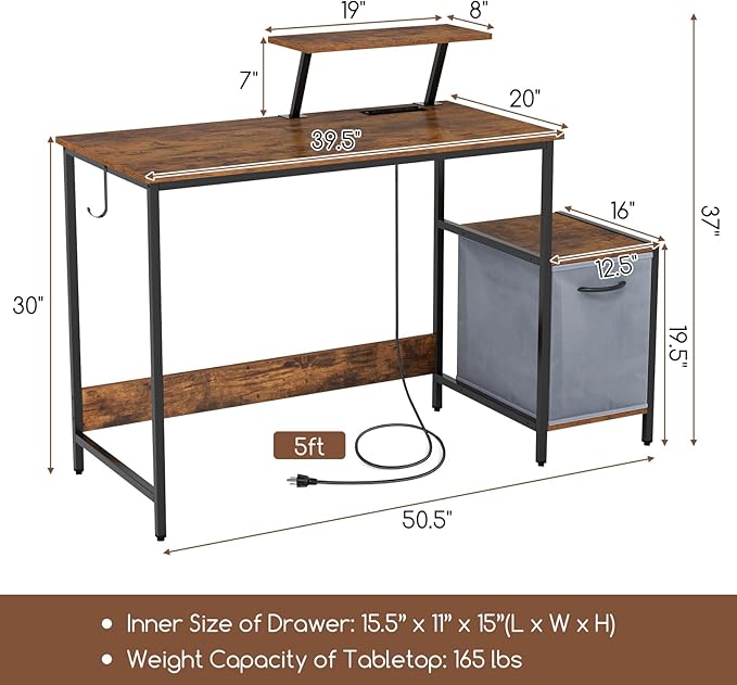 Giantex Computer Desk with Drawer and Power Outlet Home Office Desk with Reversible Storage Drawer &amp Raised Shelf Computer Workstation with Hook Industrial Study Writing Desk for Study Bedroom
