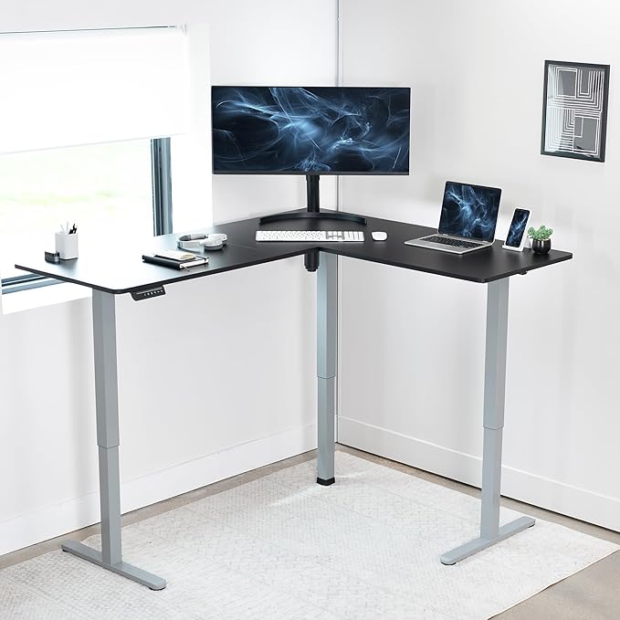 VIVO Corner Standing Desk 63 x 55 inch Reversible L-Shaped Workstation Electric Height Adjustment Home Office and Reception Rooms Black Table Top Gray Frame DESK-E3CTGB