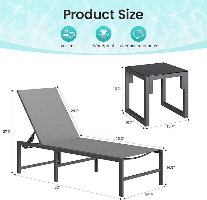 3 Piece Patio Lounge Chair Set Adjustable Outdoor Chaise Lounge with Heavy-Duty Steel Frame Weather Resistant Pool Lounge Furniture Set with Side Table for Backyard Beach 400 LBS Capacity(Gray)