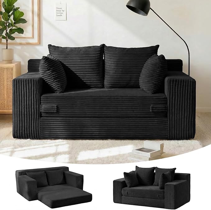 55 Small Boneless Couch 3-in-1 Boneless Loveseat Sleeper Sofa Bed Convertible Sofa Bed with 4 Pillows Black Corduroy Boneless Couch for Living Room Guest Room Small Space No Assembly Required
