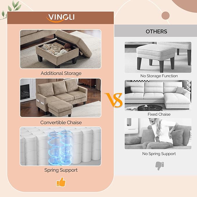 VINGLI 68.5' L Shaped Couch with Movable Storage Ottoman Convertible Sectional Sofa in Soft Corduroy Fabric Modern Reversible Chaise Couch for Small Spaces Apartment Living RoomKhaki