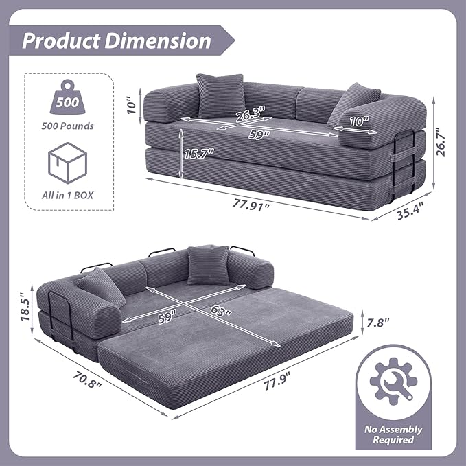 78 Convertible Sleeper Sofa Bed with Cylindrical Pillow Corduroy Folding Mattress Couch with Fixed Frame Floor Sofa Lounge Couch for Living Room Bedroom Apartment Dark Grey