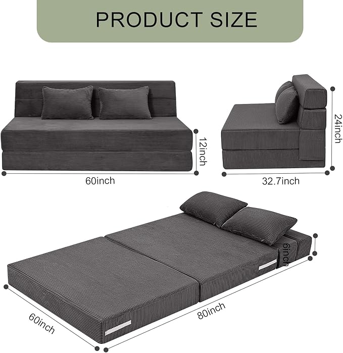 MeMoreCool Boneless Folding Sofa Bed Queen Corduroy Convertible Sleeper Chair Foldable Foam Mattress Chair Comfy Fold‑Out Futon Couch Bed Large Floor Sofa Couch for Living‑Room Guest