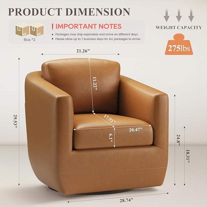 COLAMY 360° Swivel Accent Chair Set of 2 with Pillow Leather Living Room Armchair No-Sag Foam &amp Sturdy Metal Base Fully Assembled Swivel Single Sofa for Bedroom Living Room Reading Room Brown
