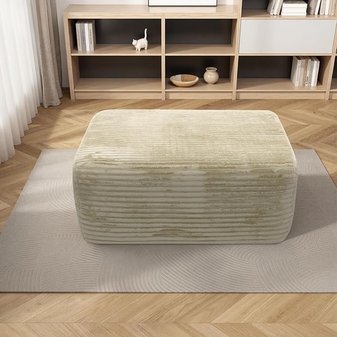 37'' Oversized Ottoman Bench Plush Corduroy Poufs Foot Tool Fluffy Boneless Couch Footrest Padded Seat Seat Cube for Living Room No Assembly (Beige)