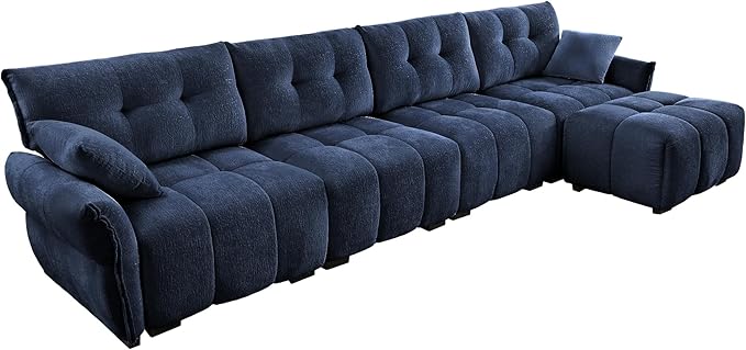 Aoowow Modular Sectional Sofa with Movable Ottoman 141.7” Chenille L Shaped Sofa Couch Upholstered Comfy 4-Seater Couches with Pillows for Living Room Apartment OfficeBlue