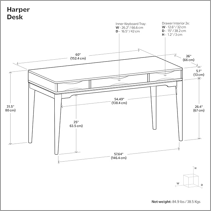 SIMPLIHOME Harper Desk - 60 Inch Wide Solid Wood Writing Desk in Light Golden Brown Mid-Century Modern Home Office Computer Table for Study with 2 Drawers and Flip-Down Keyboard Tray