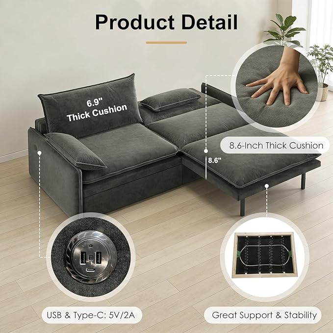 81 King Pull-Out Sofa Bed 3-in-1 Convertible Sleeper Sofa Bed with Hidden Storage &amp USB Charging Chenille Cloud Couch with Chaise Lounge for Living Room &amp Apartment Dark Grey | Pullout Cou