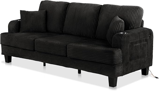 Homes: Inside + Out Reese Modern Plush Chenille Couch with Side Pockets Cup Holders and USB Ports Wooden Comfortable Sofa for Living Room Bedroom and Office Black