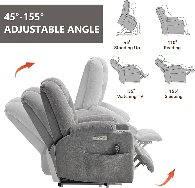 Power Lift Chair with Massage &amp Heat Electric Recliner Chairs for Adults Remote Control Sofa for Living Room Standing Assistance USB Ports Stainless Steel Cup Holders (Light Grey)
