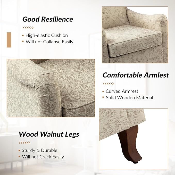 HULALA HOME Floral Accent Chair Modern High Back Armchair with Wooden Legs Comfy Wingback Chair Upholstered Accent Single Sofa Chair for Living Room &amp Bedroom Beige