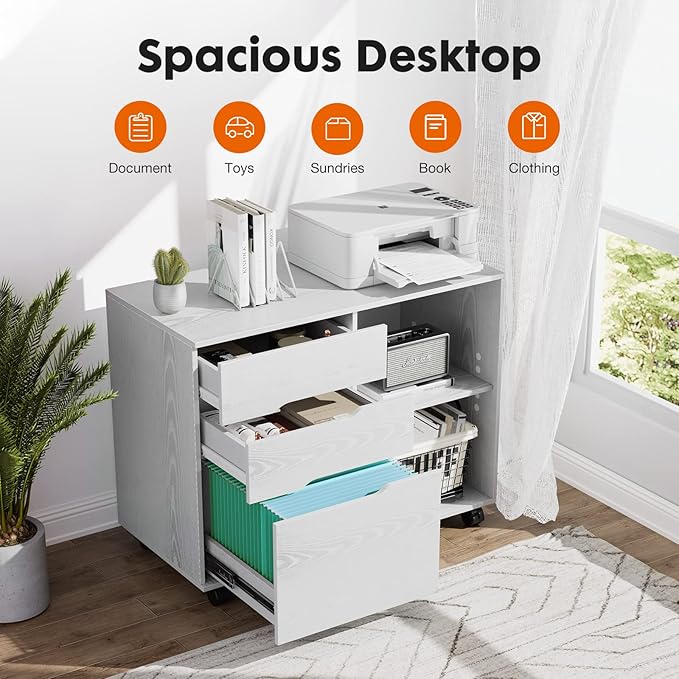File Cabinet with 3 Drawers Mobile Lateral Filing Cabinet with Open Storage Shelves for Home Office Under Desk Storage White