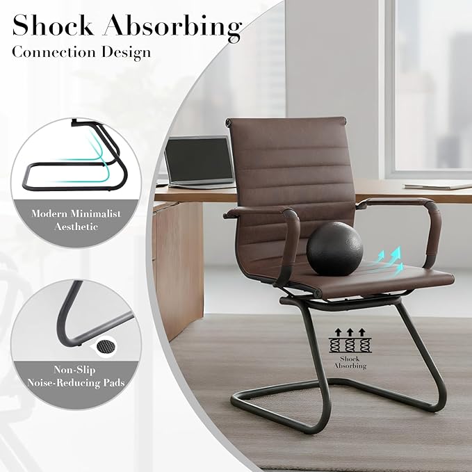 CIMOTA Waiting Room Chairs Set of 8 Leather Office Guest Chair Mid Back Reception Chairs with Sled Base for Meeting/Patient/Conference Room Retro Brown 8PCS