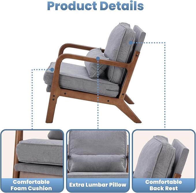 DUMOS Mid Century Modern Chair Set of 2 Accent Chair with Arms and Waist Cushion Reading Chairs for Adults Lounge Chair for Living Room and Bedroom Solid Wooden Frame Grey