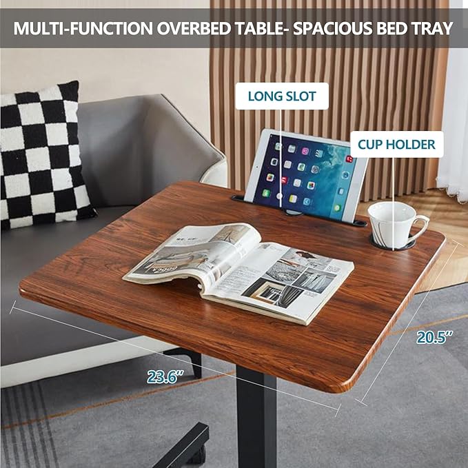 Mobile Standing DeskHeight Adjustable Overbed Bedside Table with Wheels&ampCup HolderHand Crank Sit Stand Desk and Laptop CartComputer Workstation for Home Office Classroom Hospital (Manual Walnut