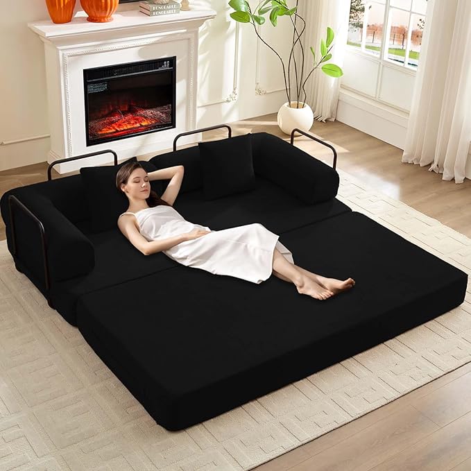 ijuicy 4-in-1 King Convertible Floor Sofa Bed w/ 2 PillowModular Sleeper Sofa/Folding Futon Couch Bed w/Cylindrical Backrest and Fixed FrameLounge CouchCorduroy Compression Sofas for Home-Black