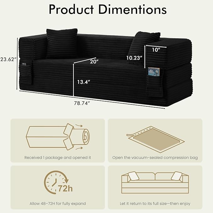 78.8 Convertible Sofa BedFuton Boneless CouchFolding Pull Out Futon Sofa (Black) | Convert to bed Storage Pocket No Assembly Corduroy Fabric Family size Ease of assembly