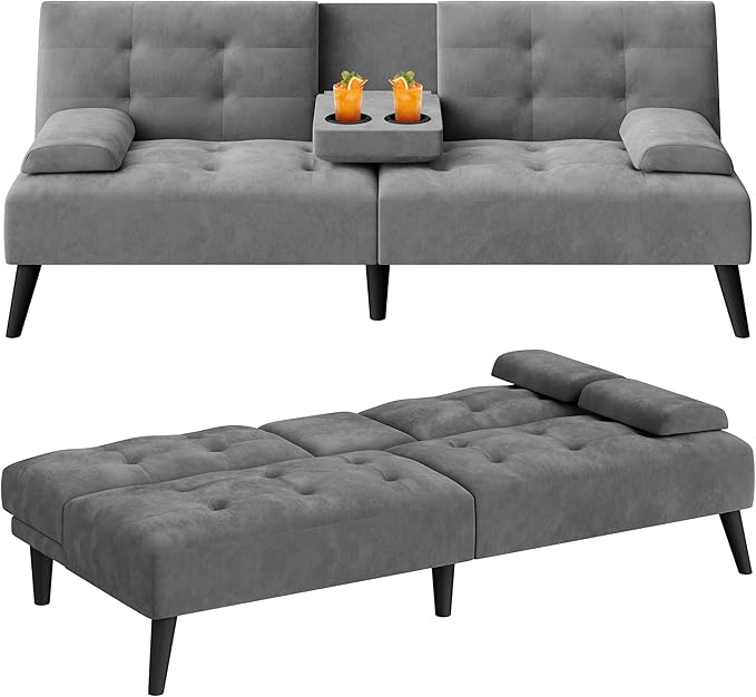 Meilocar 64 Futon Sofa Bed Convertible Loveseat with 2 Cup Holders Small Couch with 3 Adjustable Angles &amp Removable Armrest Sleeper Sofa for Apartment Office Dark Grey | small couch