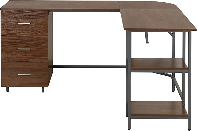 Techni Mobili L Shaped Desk - Two-Toned Computer Desk with Drawers &amp Storage Shelves - Simple Modern Furniture &amp Home Office Space Corner Table for Work &amp Writing
