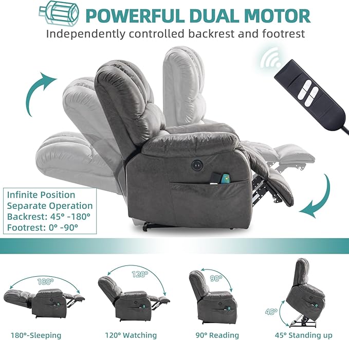 MEETWARM Large Infinite Position Dual Motor Recliner Chair for Big and Tall Elderly Oversized Lay Flat Sleeper Power Lift Recliner with Massage Heat 2 Remote Controls/USB Port/Side Pockets(Gray)