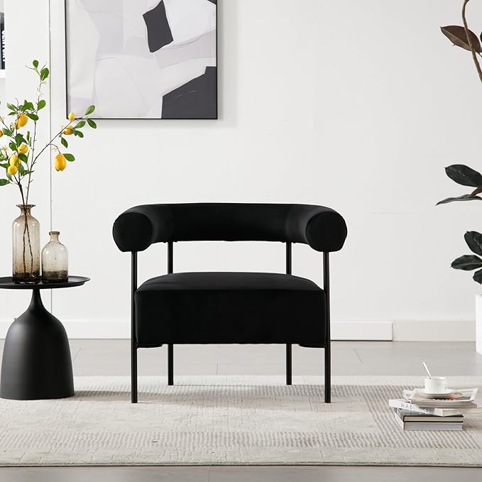 Wahson Black Accent Chair with Metal Legs Velvet Upholstered Barrel Chair with Curved Backrest Small Modern Reading Chair for Living Room/Bedroom/Office