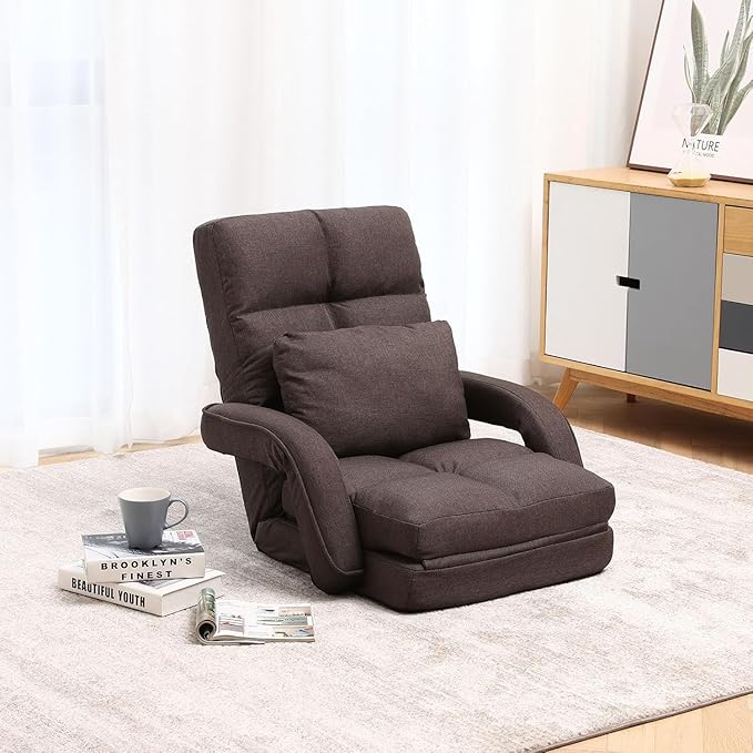Indoor Floor Chair with Armrest and Pillow Folding Chaise Lounge Sofa 14-Position Adjustable Comfy Gaming Recliner Chair Padded Seats for Adults(Brown)