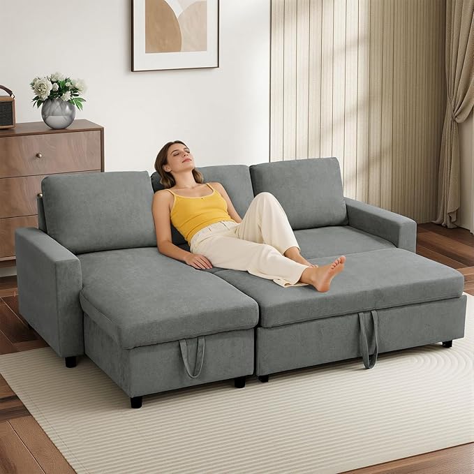 L-Shaped Sleeper Sofa with Chaise Lounge &amp Storage Pull-Out Couch Bed with Recliner Full Size Futon for Living Room Office Apartment Dark Grey