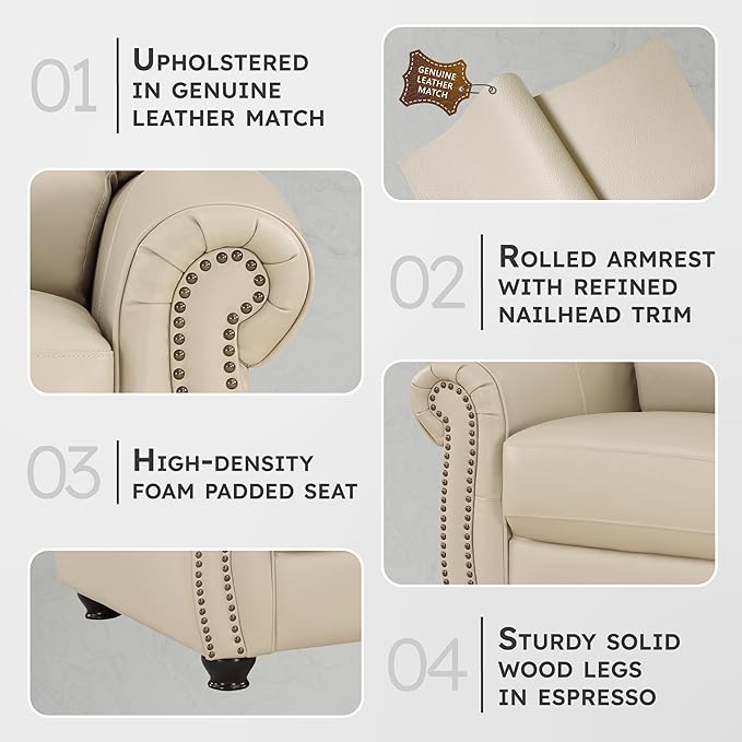 Lexicon Top Grain Leather Match Chair Accent Chairs for Living Room with Solid Wood Frame Rolled Armrest &amp Nailhead Trim Comfy Reading Chair for Bedroom Office Waiting Room Cream
