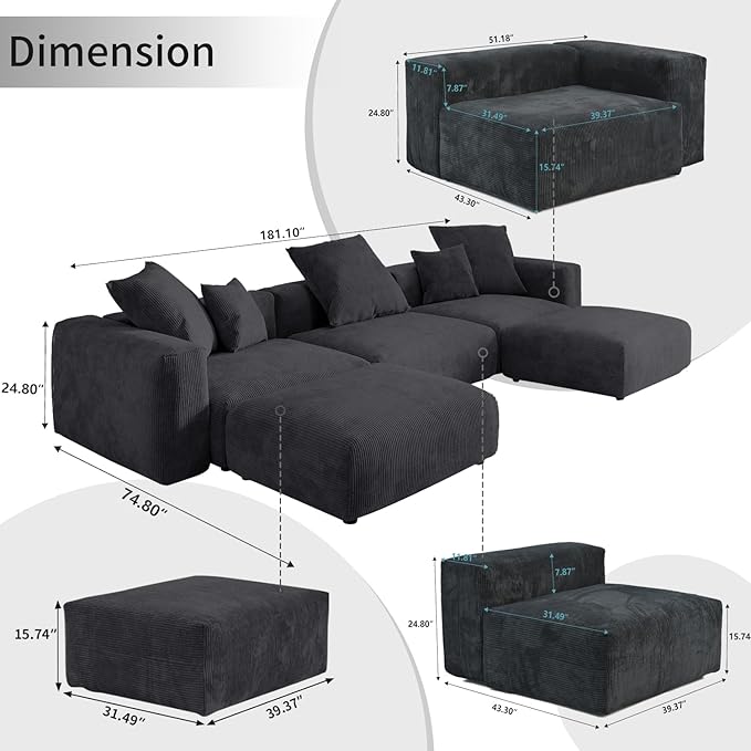141.73 Modular Sectional Sofa Slipcovered Corduroy U Shaped Sofa Couch with 2 Ottomans5 - Piece Convertible Sectional with 5 PillowsCushion Covers Removable&amp Washable (Black)