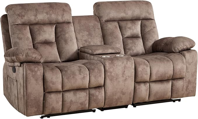 CANMOV Loveseat Recliner Manual Recliner Sofa Chair for Living Room Reclining Sofa with Storage ConsoleHidden Cup Holders 2 Seat Camel-Brown