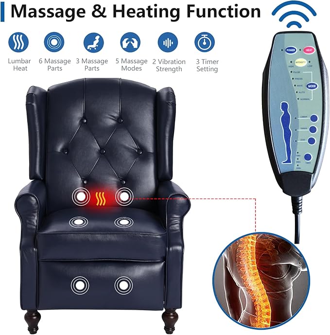 Wingback Recliner Chair with Massage and Heat Tufted PU Leather Push Back Recliner Chair for Living Room Leather Wing Back Chair with Remote Control Padded Cushion Backrest Wooden Legs
