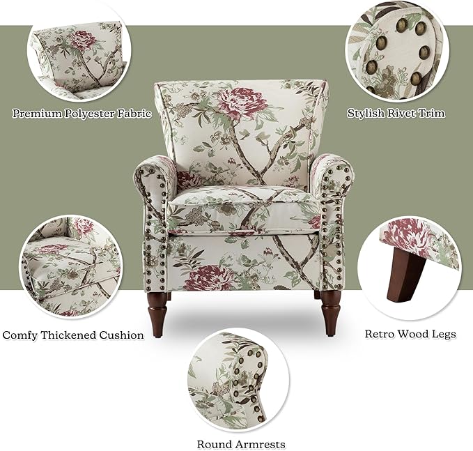HULALA HOME Modern Wingback Accent Chair with Wood Legs &amp Removable Cushion Comfy Upholstered Armchair with Nailhead Trim Floral Pattern Sofa Chair for Bedroom Living Room Floral