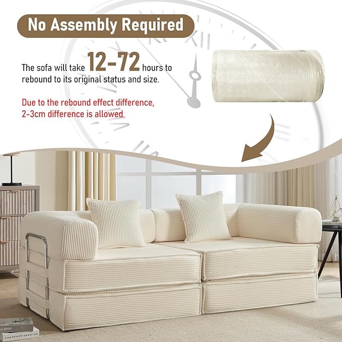 78 Convertible Sleeper Sofa Bed Modular Corduroy Couch with 2 Pillows Compressed Floor Sofa for Living Room Bedroom (Beige)