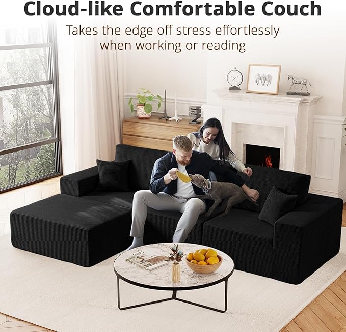 108 L-Shaped Boneless Couch Modular Sectional Sofa with Moveable Ottoman Corduroy Cloud Couches for Living Room No Assembly Ship in a Box Black