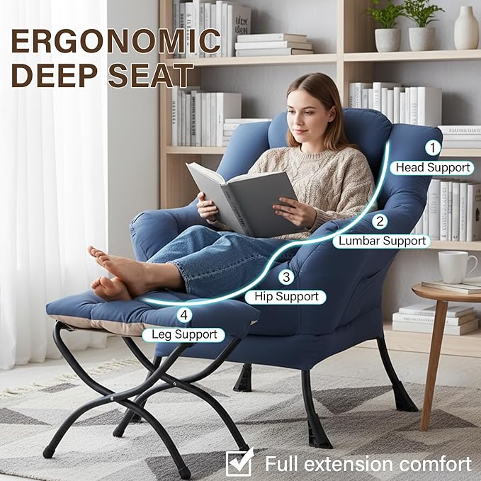 Welnow Lazy Chair with Ottoman Modern Accent Chair with Armrests and a Side Pocket Leisure Sofa Armchair Reading Armchair with Footrest for Small Space Royal Blue