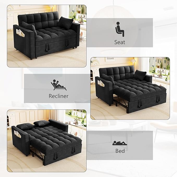 Hison Convertible Sleeper Sofa Bed 3 in 1 Pull Out Couch Bed with Adjustable Backrest Sectional Small couches for Small Spaces Loveseat for Apartment Living Room (Black Velvet)
