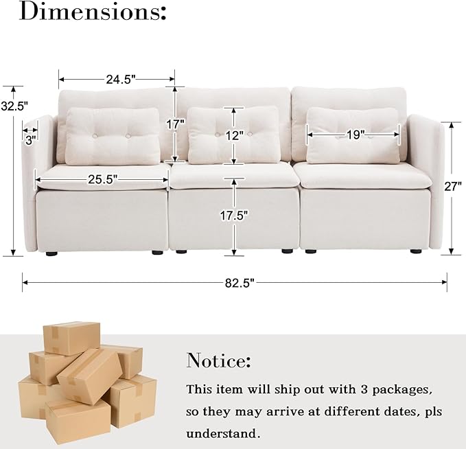 DUOMAY Modern Chenille Convertible Sectional Sofa 82.5 Wide Modular Couch with Deep Seat Upholstered U-Shaped Lounge Sofa 3 Seater for Living Room Bedroom Beige