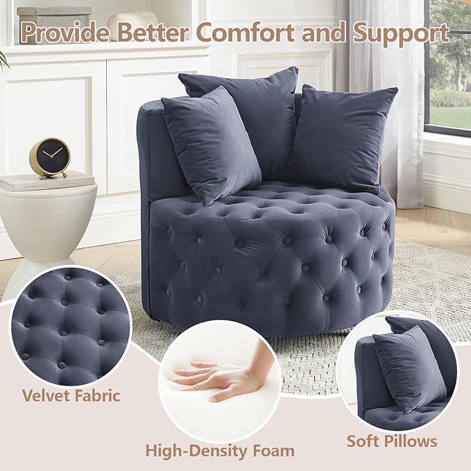 LLS Swivel Barrel Chair Velvet Accent Barrel Chair with 3 Pillows and 4 Wheels 360 Degree Sofa Chair Modern Button Tufted Upholstered Accent Chair for Living Room Bedroom Gray