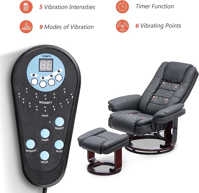 MCombo Swivel Recliner with Ottoman Chair TV Chair Sets with Vibration Massage for Small Space Living Room Bedroom 9096 9099 (Faux Leather Dark Grey)