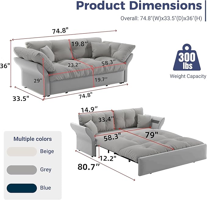 74.8 Queen Size Sleeper Sofa with Pull Out Bed 3-in-1 Convertible Loveseat Sofa with 2 Pillows Portable Pull Out Chaise for Living Room Apartment Small Spaces Grey